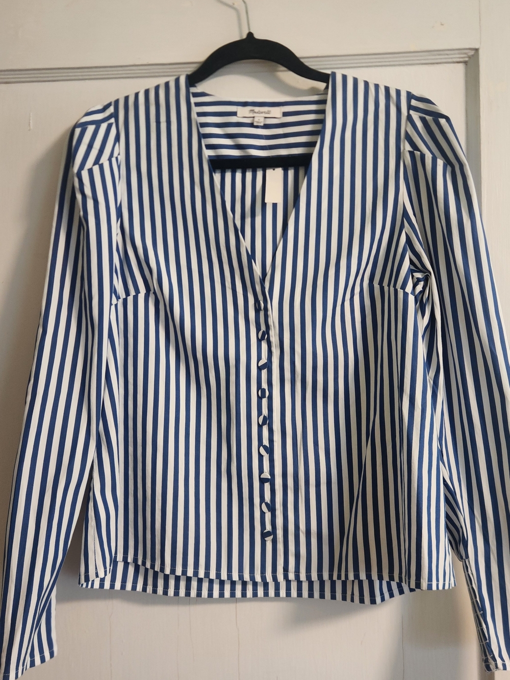 Madewell Striped V-Neck Button Front Top in Blue and White